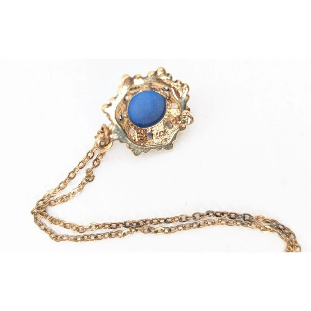 Filigree Rhinestone Cabochon Vintage Blue Gold Tone Dainty Pendant Necklace